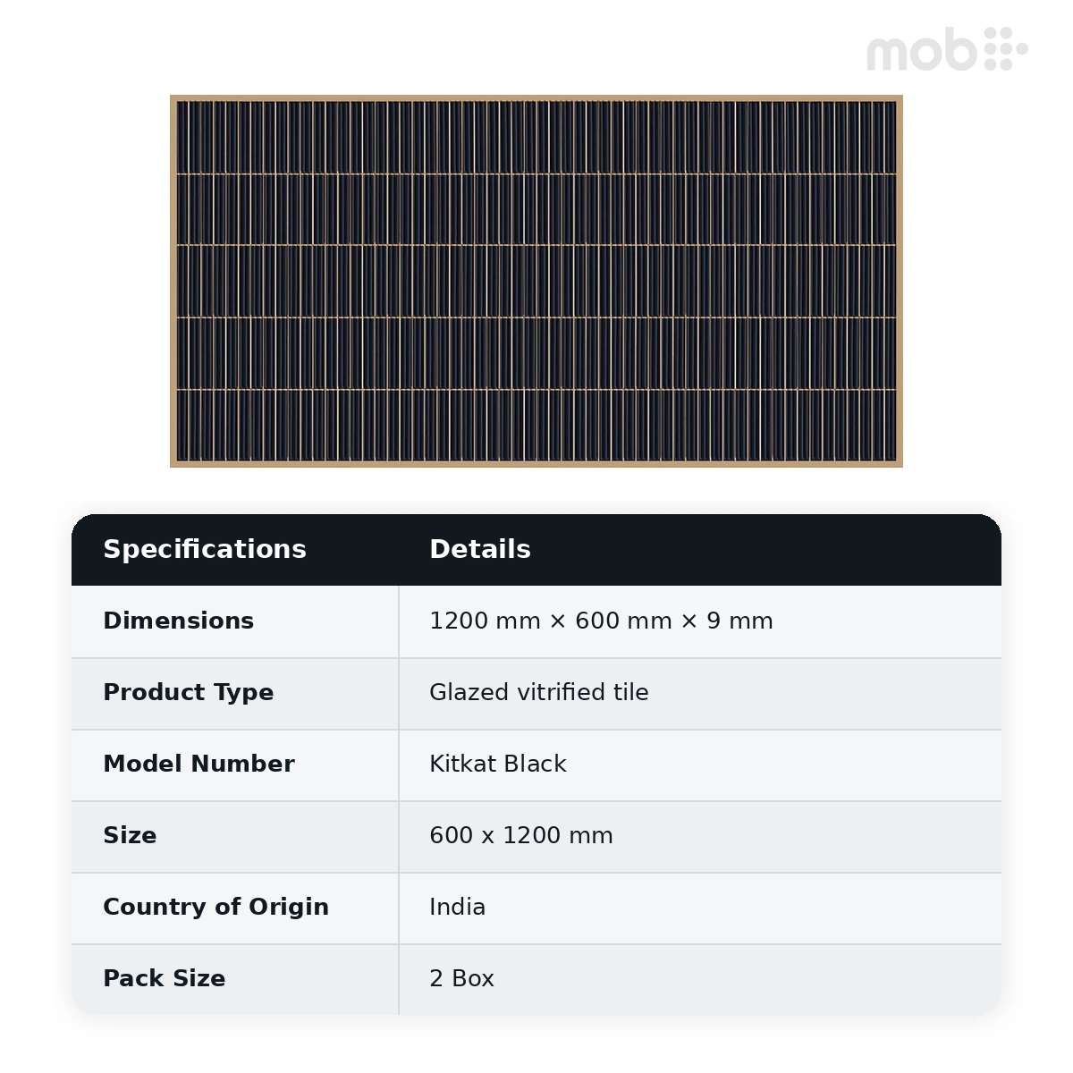 Morbi Tiles (Sparten) Sparten Kitkat Black 600 x 1200 mm (2x4 Feet) Glossy Finish 9 mm Thickness, (2 Tiles/Box and 15.5 Sqft/Box) - image 3