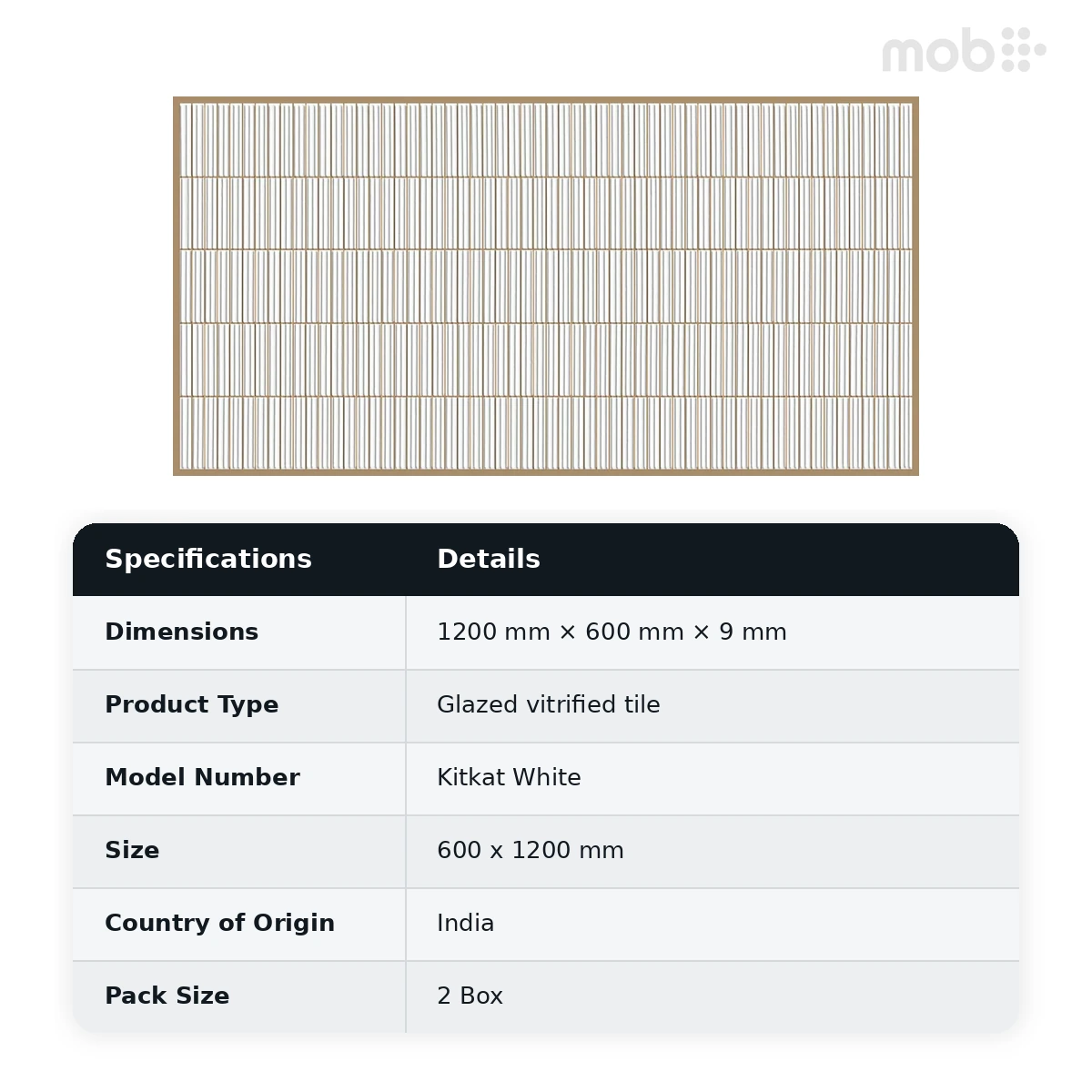 Morbi Tiles (Sparten) Sparten Kitkat White 600 x 1200 mm (2x4 Feet) Glossy Finish 9 mm Thickness, (2 Tiles/Box and 15.5 Sqft/Box) - image 3