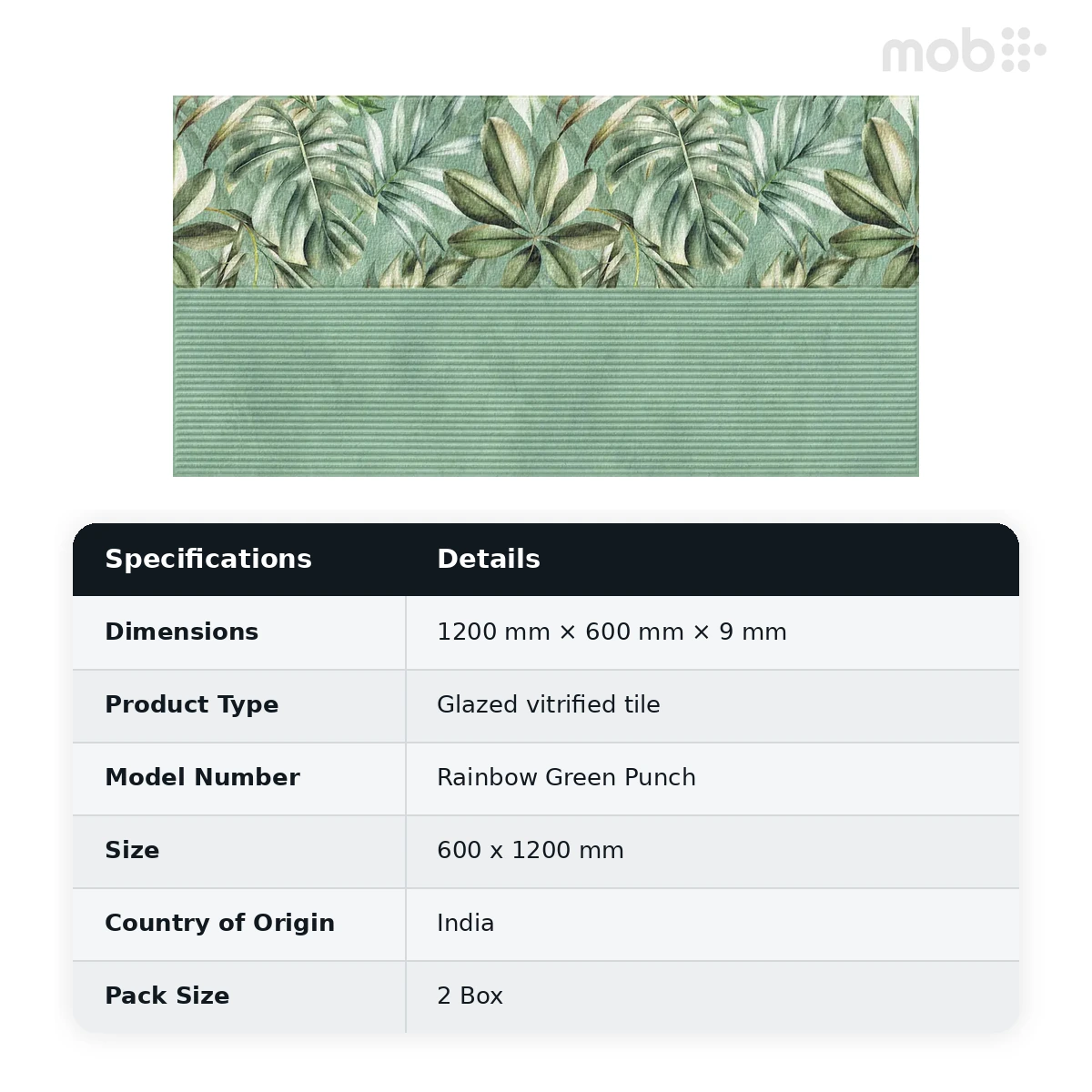 Morbi Tiles (Sparten) Sparten Rainbow Green Punch 600 x 1200 mm (2x4 Feet) Matt Finish 9 mm Thickness, (2 Tiles/Box and 15.5 Sqft/Box) - image 3