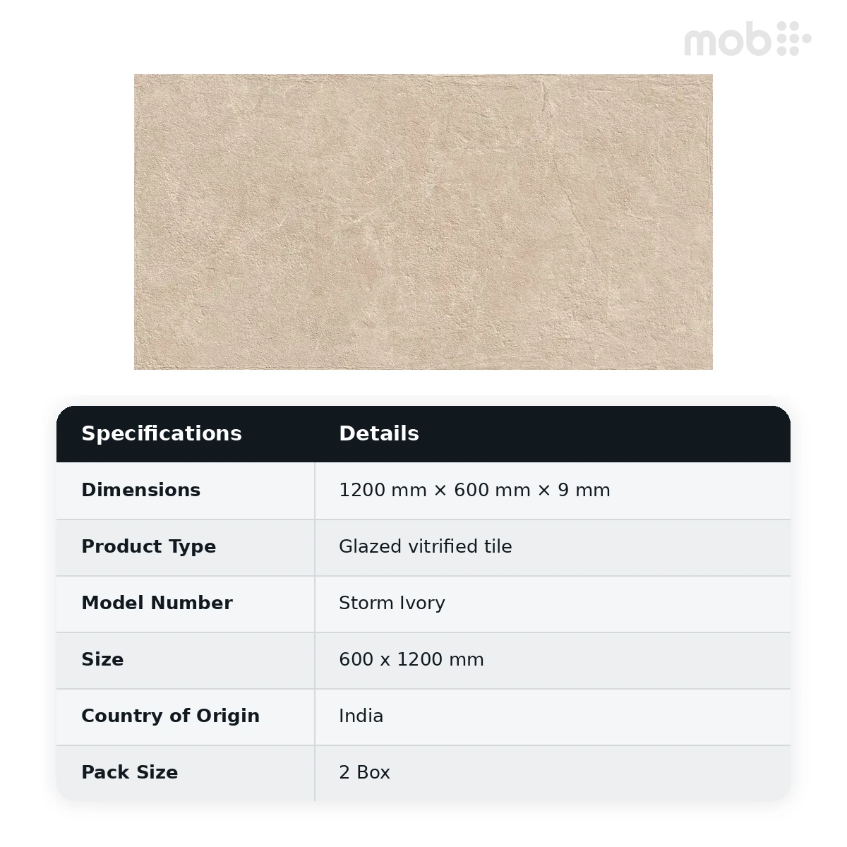 Morbi Tiles (Sparten) Sparten Storm Ivory 600 x 1200 mm (2x4 Feet) Matt Finish 9 mm Thickness, (2 Tiles/Box and 15.5 Sqft/Box) - image 3