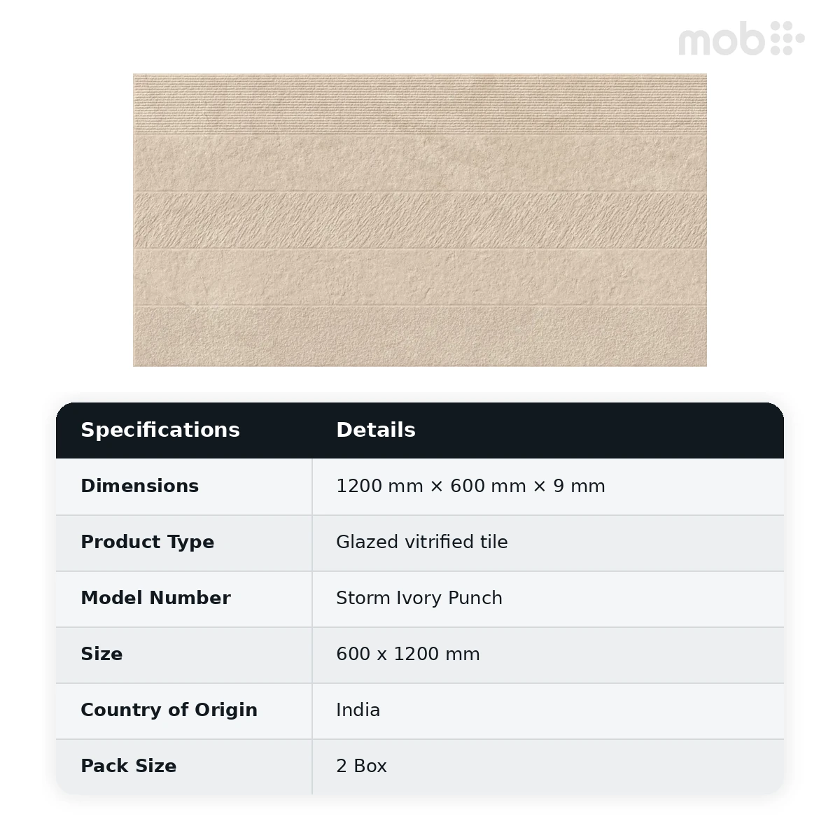 Morbi Tiles (Sparten) Sparten Storm Ivory Punch 600 x 1200 mm (2x4 Feet) Matt Finish 9 mm Thickness, (2 Tiles/Box and 15.5 Sqft/Box) - image 6