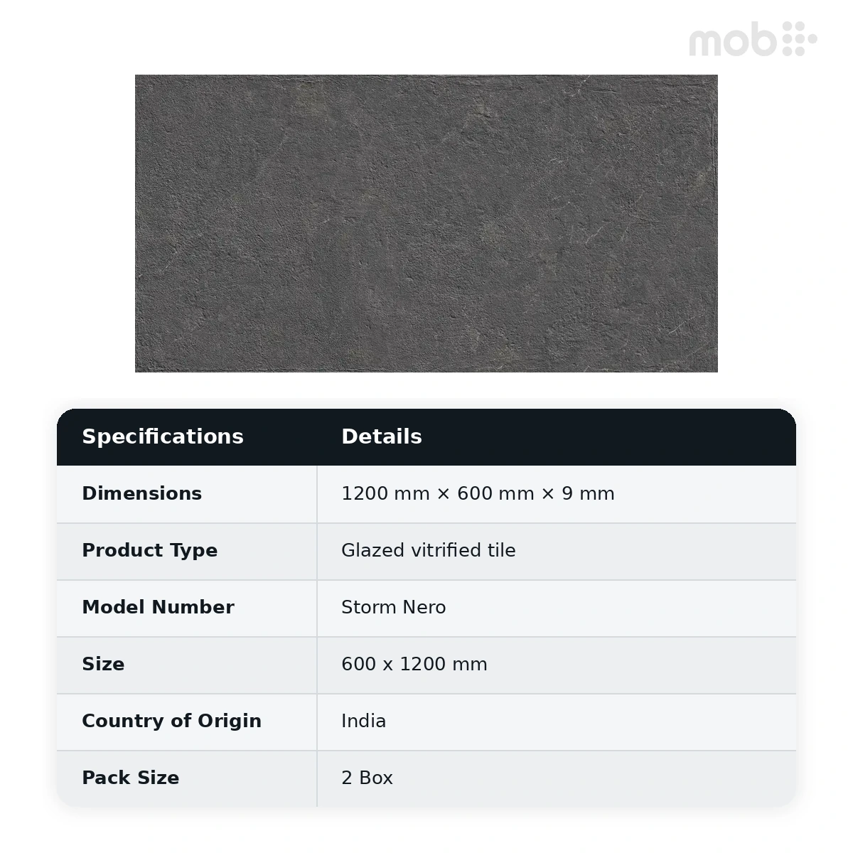 Morbi Tiles (Sparten) Sparten Storm Nero 600 x 1200 mm (2x4 Feet) Matt Finish 9 mm Thickness, (2 Tiles/Box and 15.5 Sqft/Box) - image 3