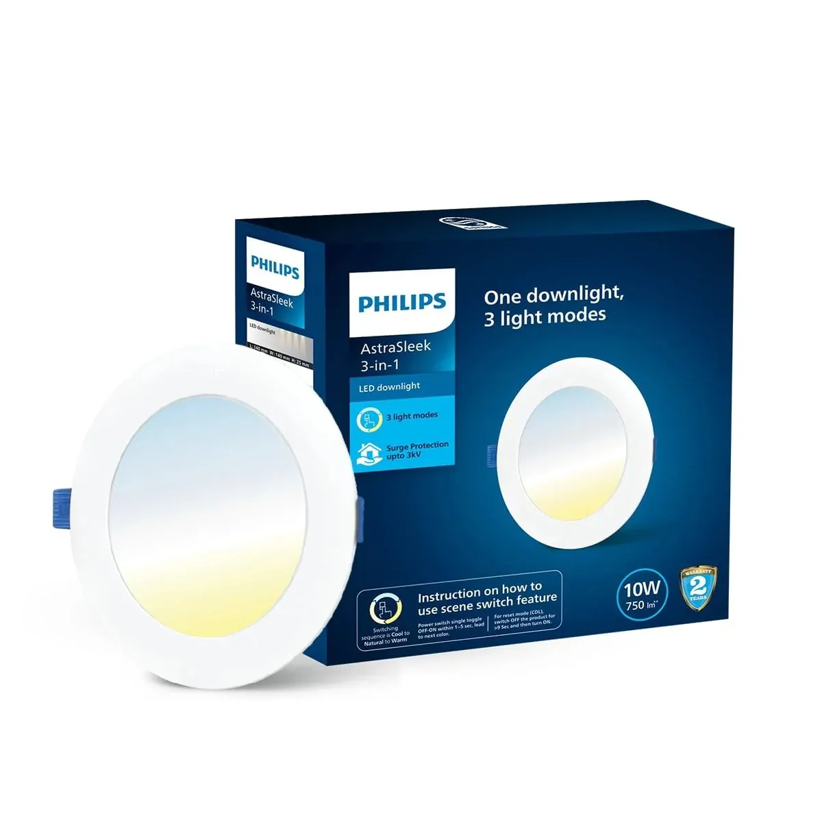 Philips AstraSleek 3-in-1 LED Downlight 10W, Round, Warm White
