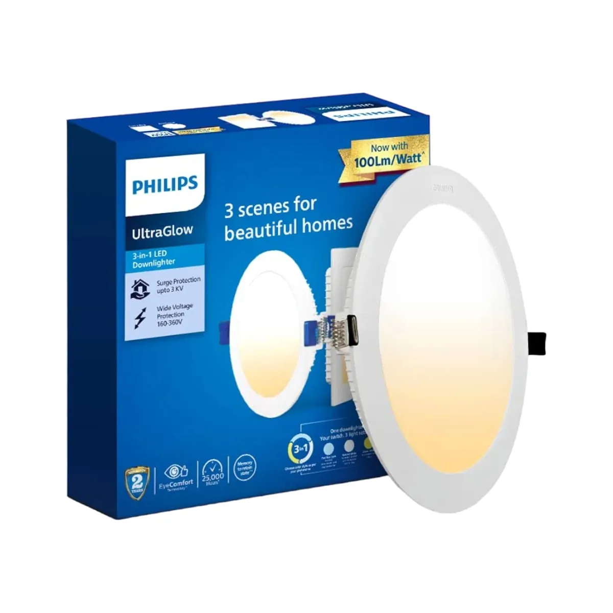 Philips UltraGlow 3-in-1 LED Downlight 10W, Round, Warm White