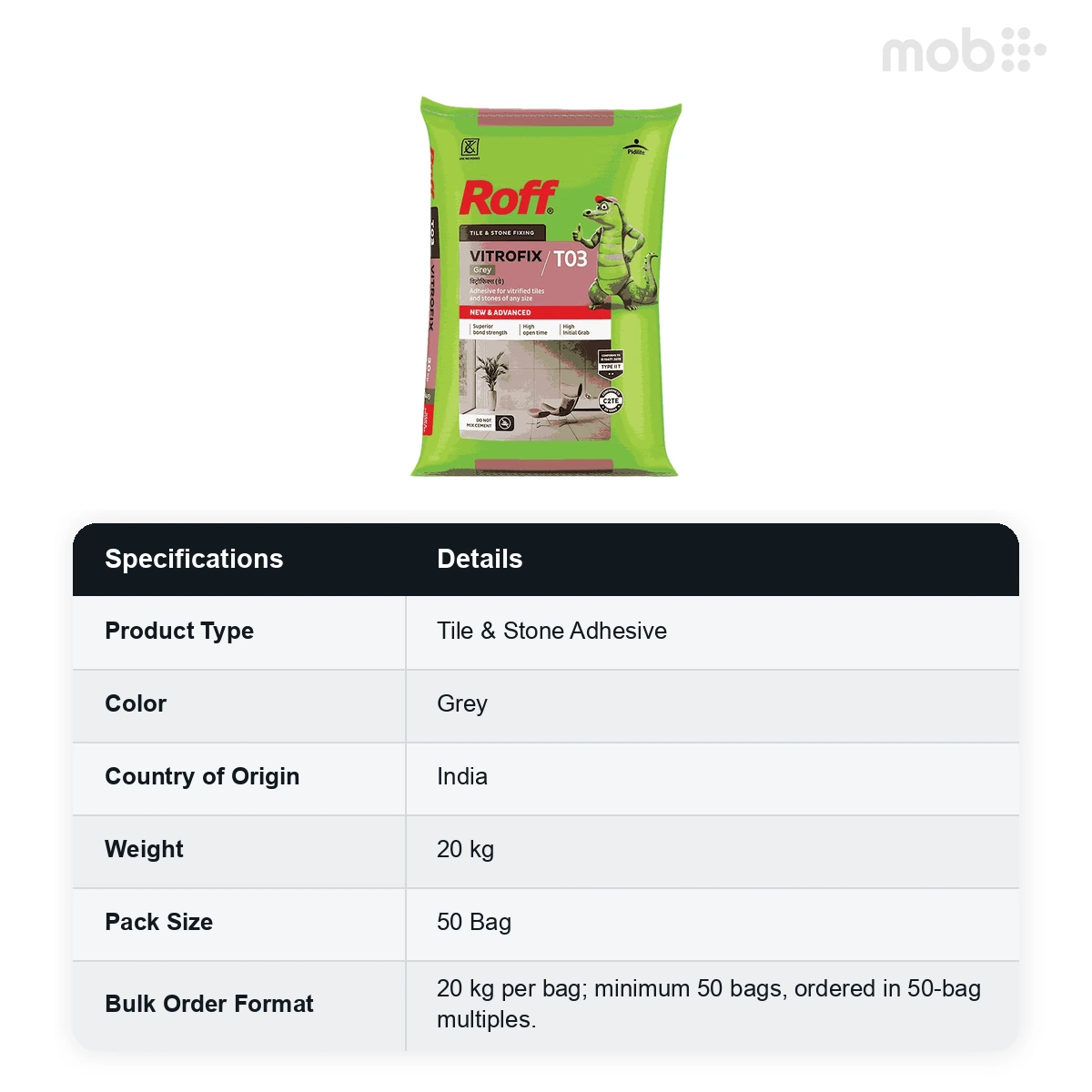 (50 Bags MOQ) Roff (T03) Vitrofix Adhesive, Grey, 20Kg Bag (50 Bags Multiple)  - image 2