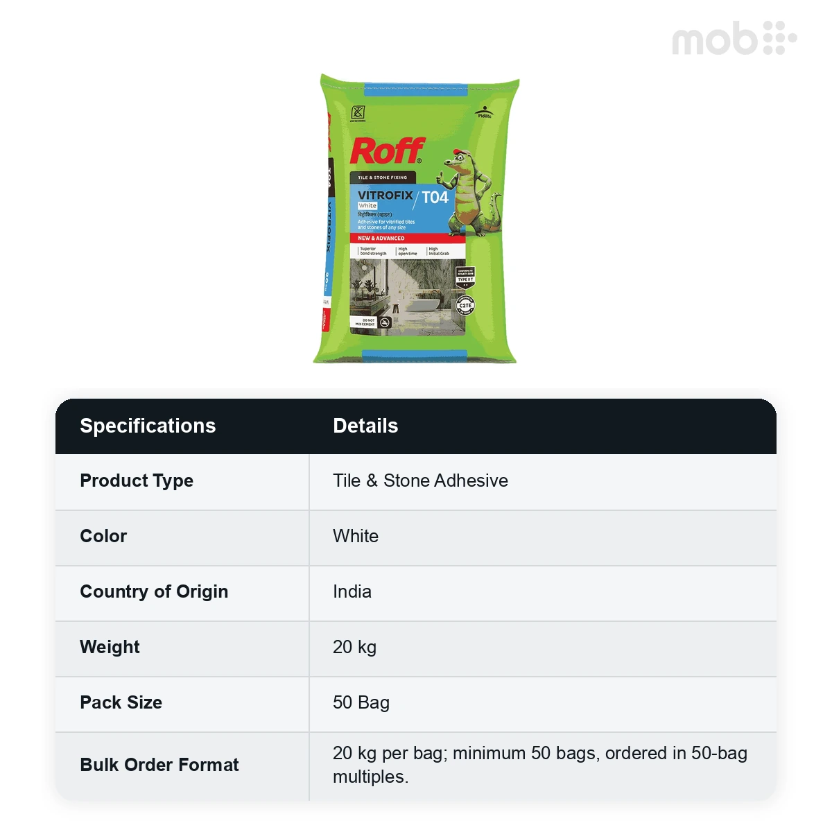 (50 Bags MOQ) Roff (T04) Vitrofix Adhesive, White, 20Kg Bag (50 Bags Multiple)  - image 2