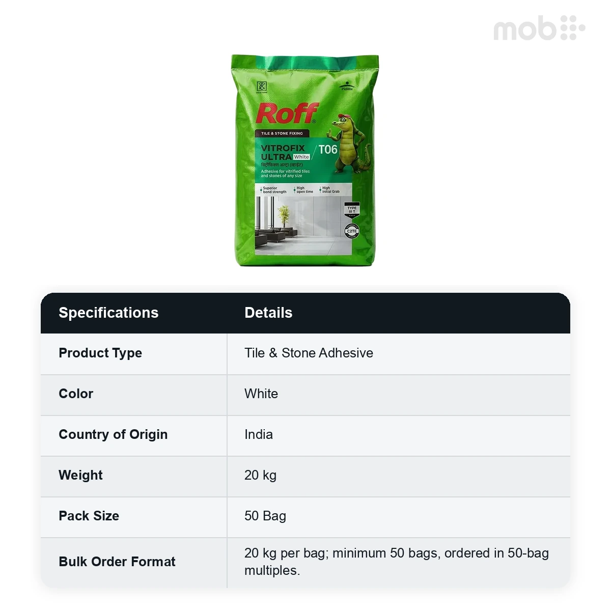 (50 Bags MOQ) Roff (T06) Vitrofix Ultra Adhesive, White, 20Kg Bag (50 Bags Multiple)  - image 2