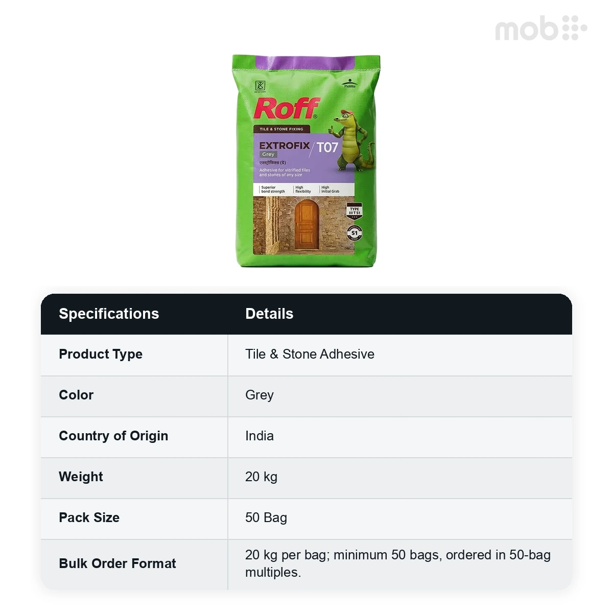 (50 Bags MOQ) Roff (T07) Extrofix Tile Adhesive, Grey, 20Kg Bag (50 Bags Multiple)   - image 2