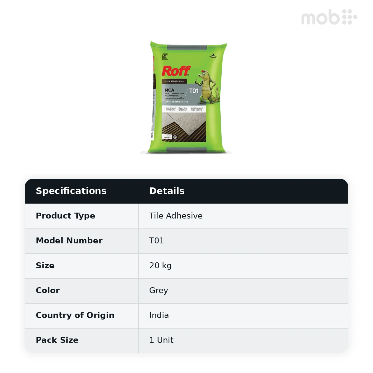 Roff T01 New Construction Tile Adhesive (NCA), Grey, 20 kg Bag
