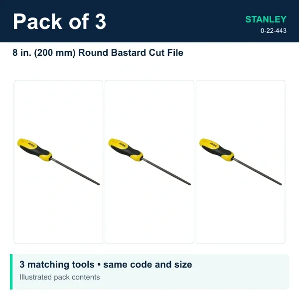 Stanley 8 in. (200 mm) Round Bastard Cut File, Pack of 3 - 0-22-443 - image 2