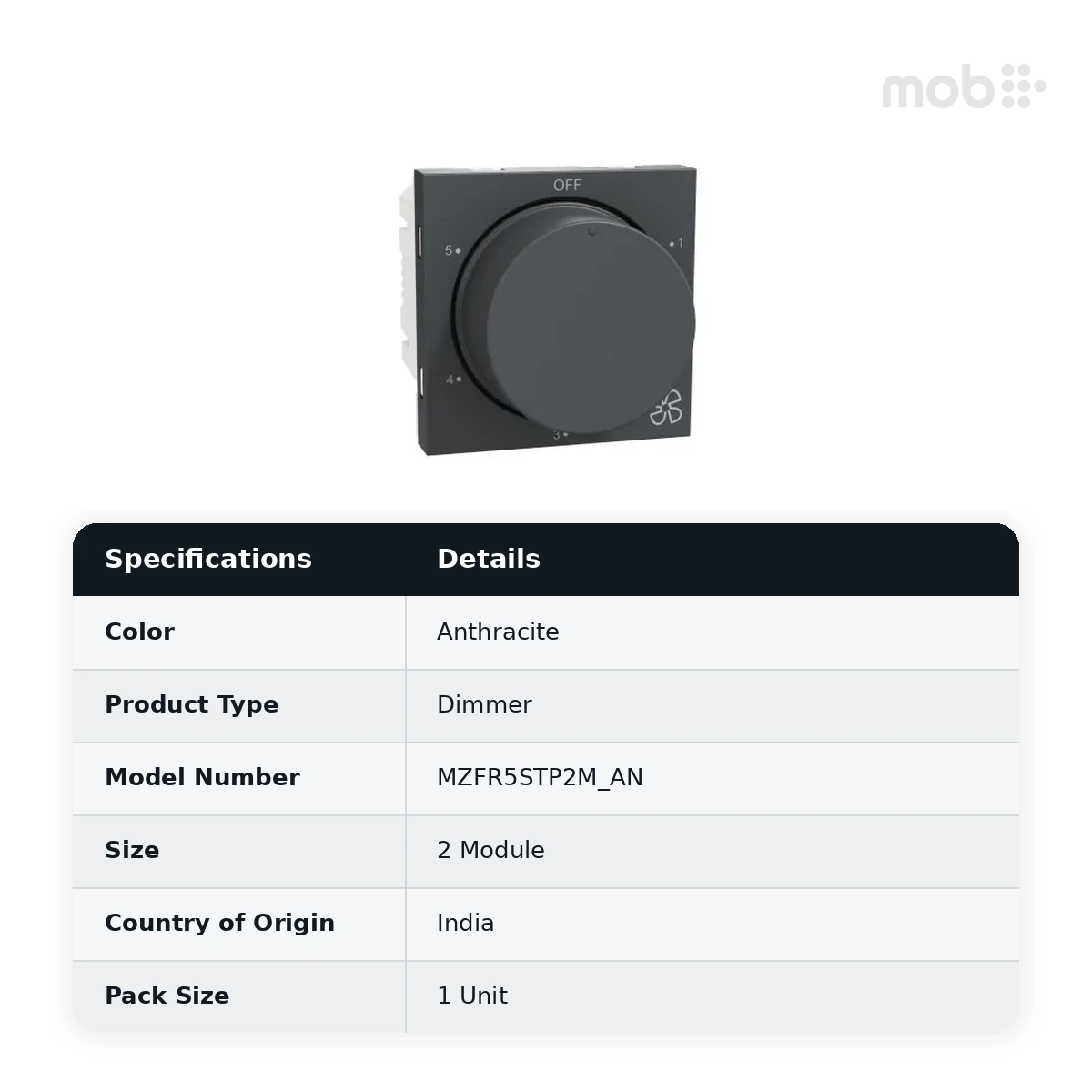 Schneider Electric Miluz ZeTa 5-Step Fan Regulator (2M) - Anthracite, Code: MZFR5STP2M_AN - image 2