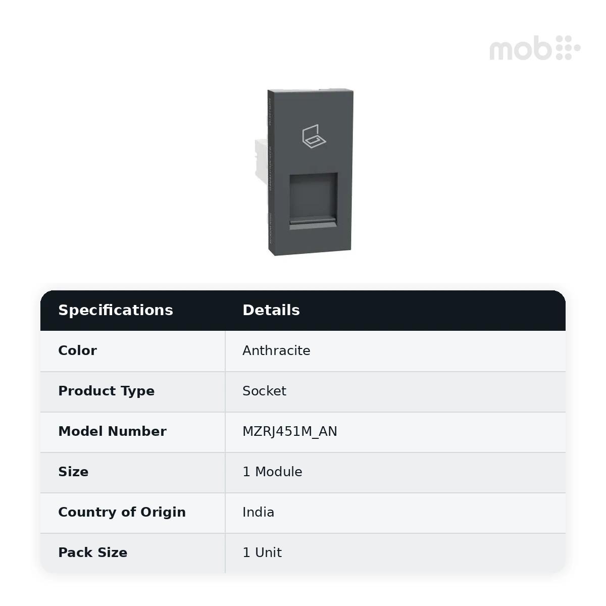 Schneider Electric Miluz ZeTa Cat6 Outlet Shuttered 1M - Anthracite, Code: MZRJ451M_AN - image 2