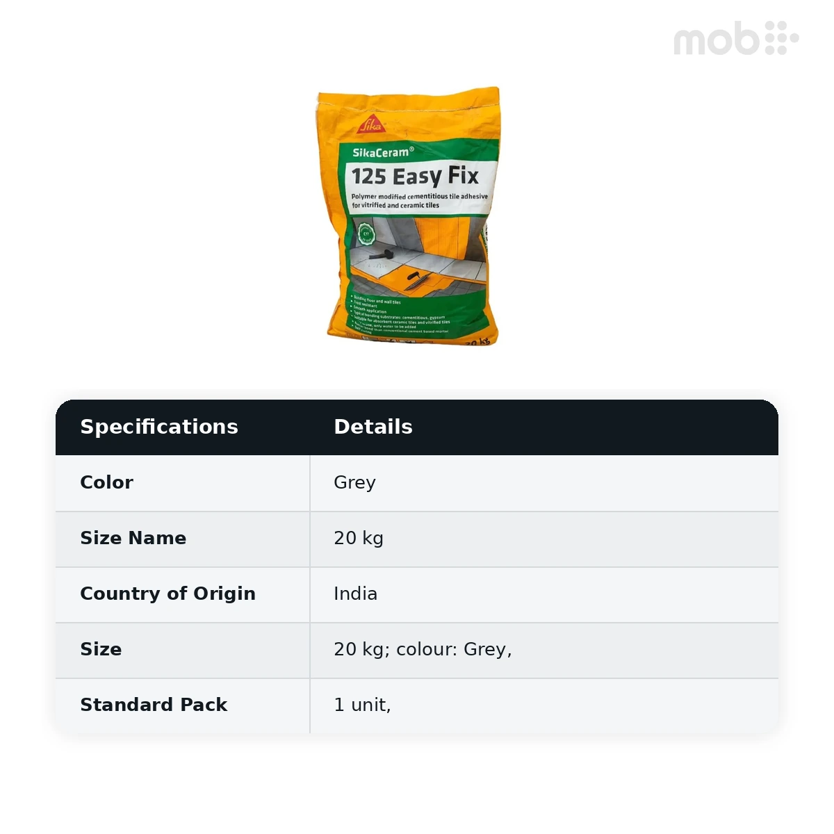 Sika Cementitious Tile Adhesive Sikaceram 125 Easyfix Grey 20kg (Pack of 1) - image 2