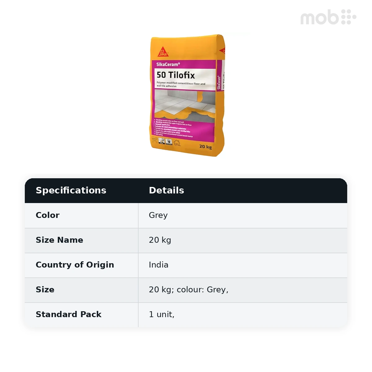 Sika Cementitious Tile Adhesive Sikaceram 50 Tilofix Grey 20kg (Pack of 1) - image 2