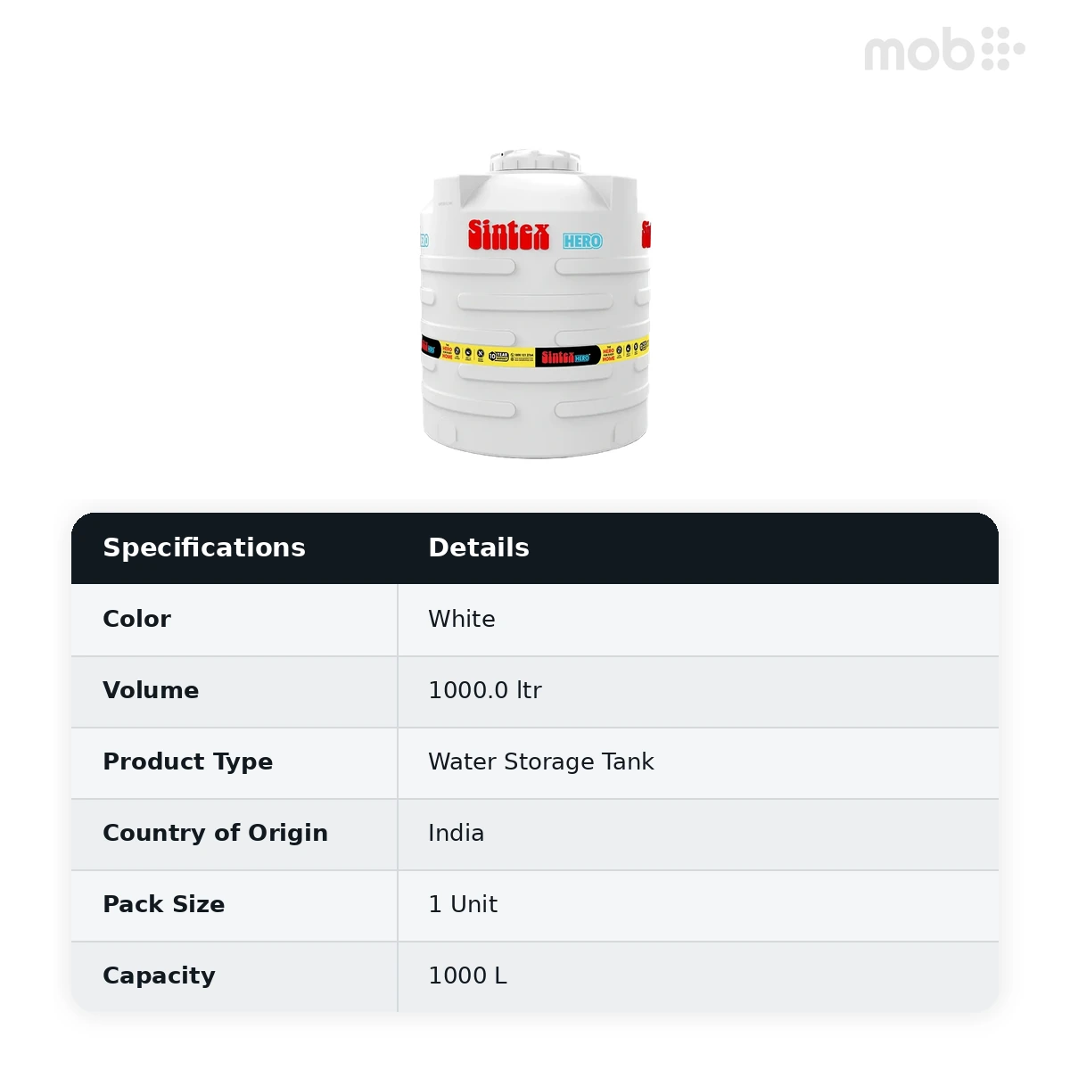 Sintex Hero Water Tank 1000 L White
