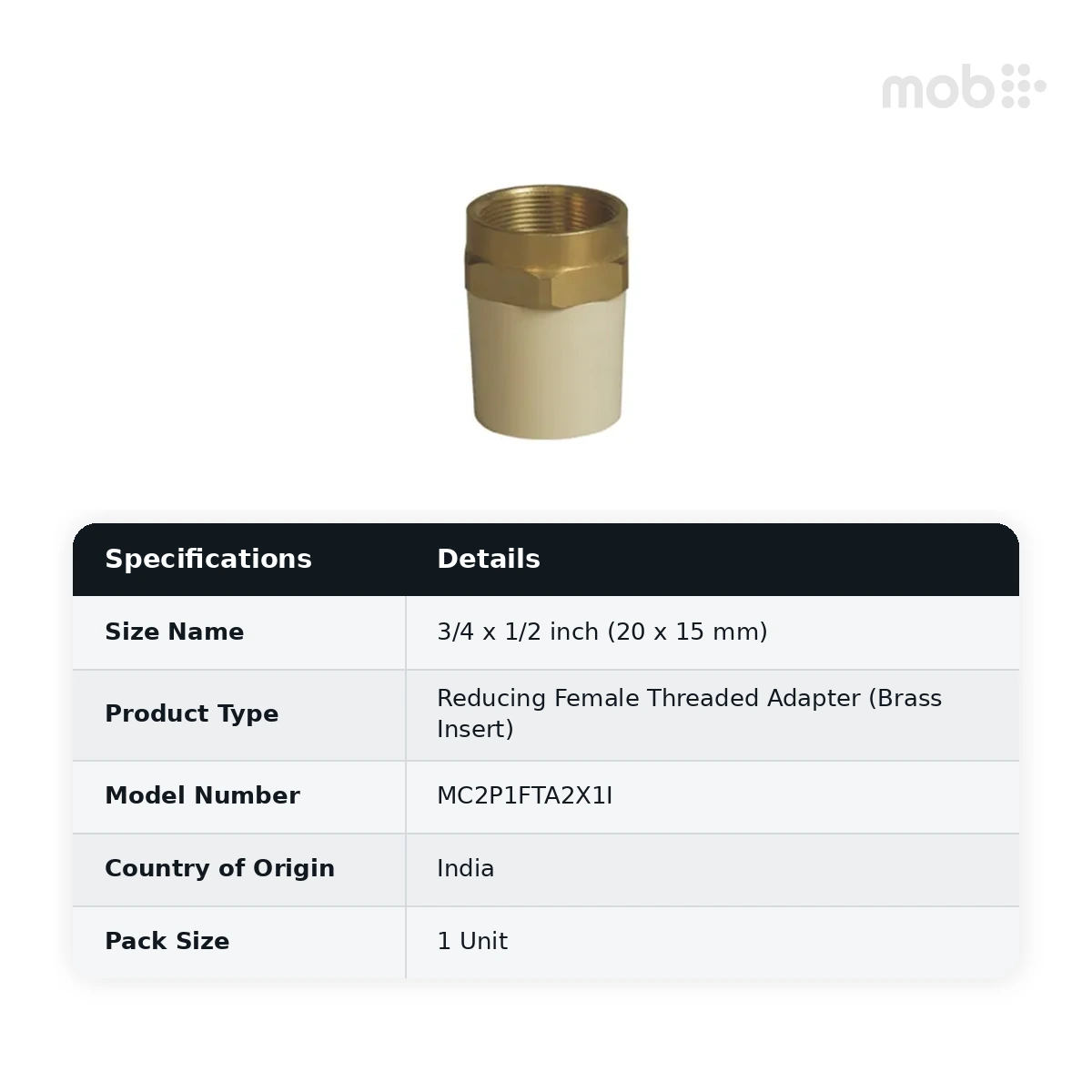 Supreme Lifeline CPVC SDR 11 Reducing Female Threaded Adapter (Brass Insert), 3/4 x 1/2 inch (20 x 15 mm) - image 2