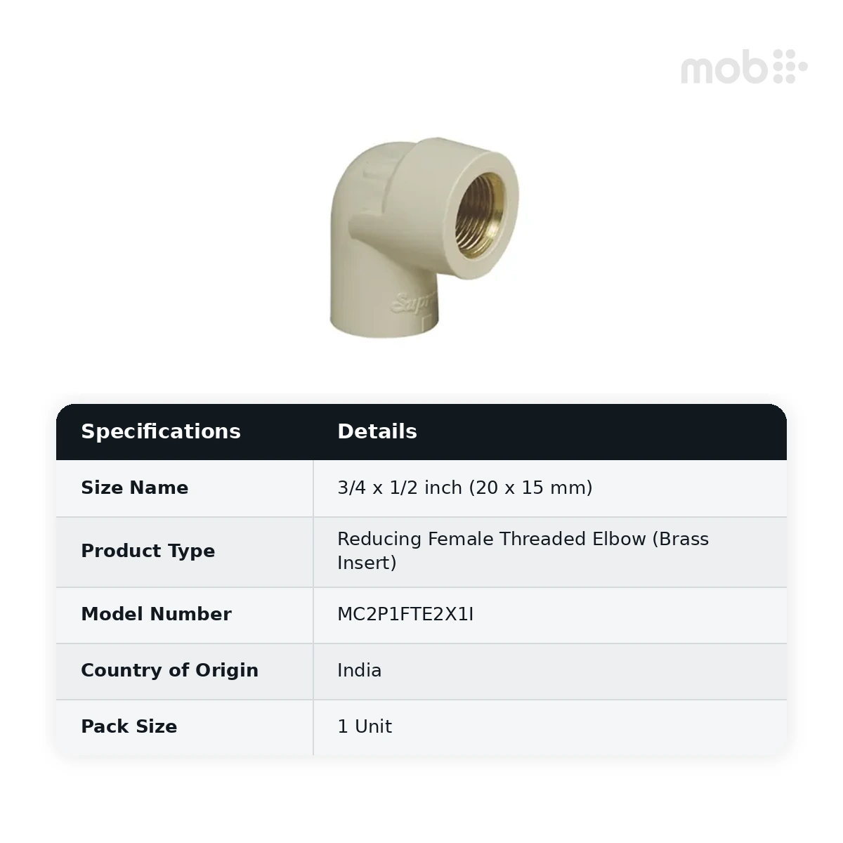 Supreme Lifeline CPVC SDR 11 Reducing Female Threaded Elbow (Brass Insert), 3/4 x 1/2 inch (20 x 15 mm) - image 2