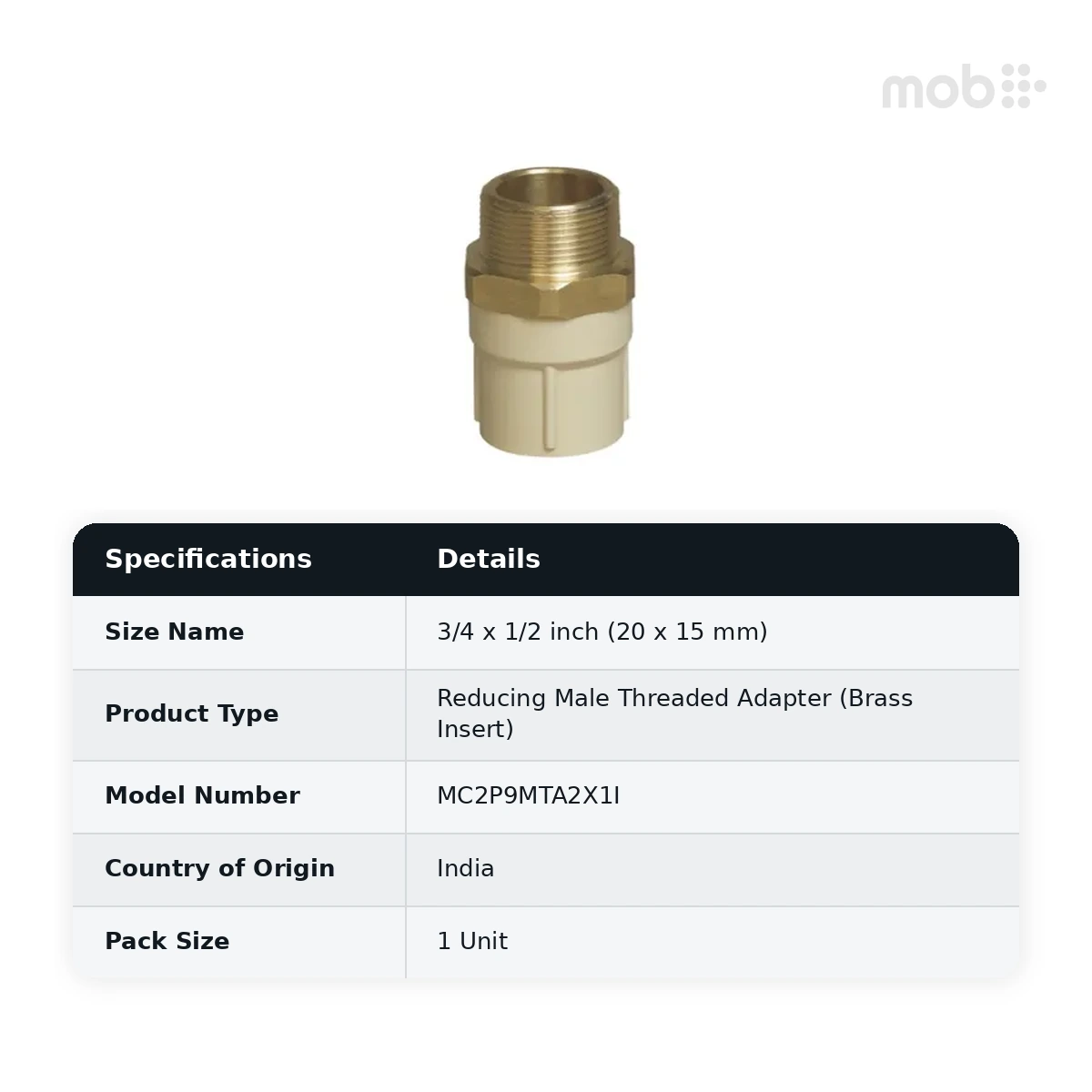 Supreme Lifeline CPVC SDR 11 Reducing Male Threaded Adapter (Brass Insert), 3/4 x 1/2 inch (20 x 15 mm) - image 2