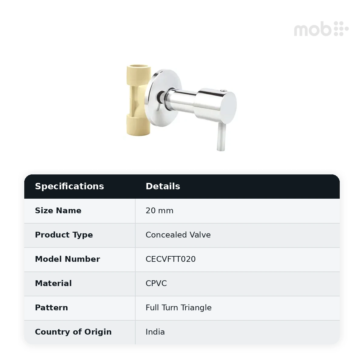 Truflo CPVC Full Turn Concealed Valve with Triangle Knob 20 mm - CECVFTT020