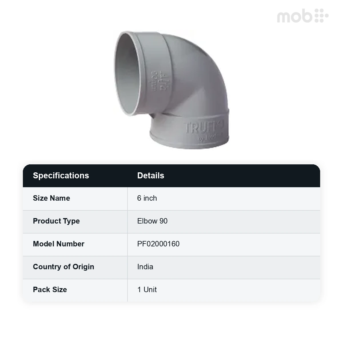 Truflo PVC Lightweight Elbow 90 Degree 160 mm (6 inch) code: PF02000160 - image 2
